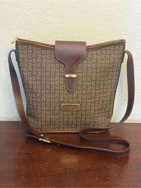 Vtg Ted Lapidus Paris Monogram Bucket Shoulder Crossbody Bag Leather Trim Brown